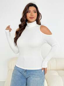 SHEIN Essnce 大码女士秋冬时尚休闲高弹舒适日常百搭修身白色高领修身上衣，秋季打底衫，工作上衣，冬季外出上衣 - 白色 - 查看 5