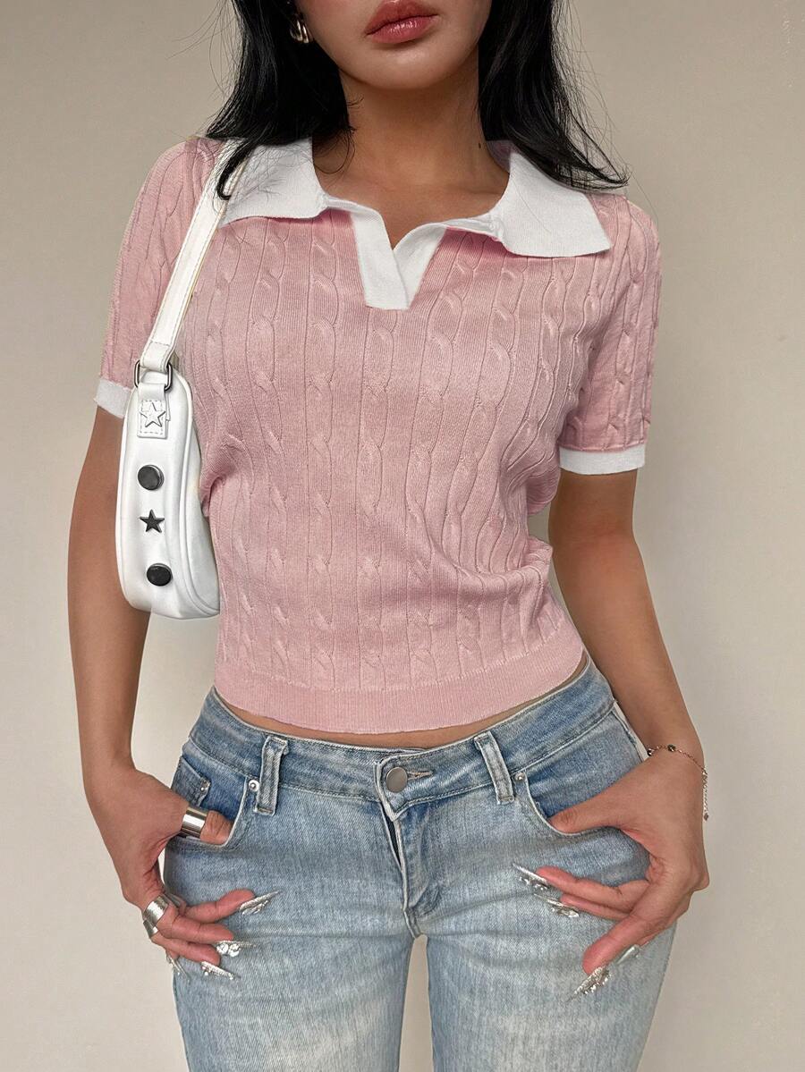 FavEase 休闲撞色扭绳 Polo 领针织上衣 - 彩色 - 查看 1