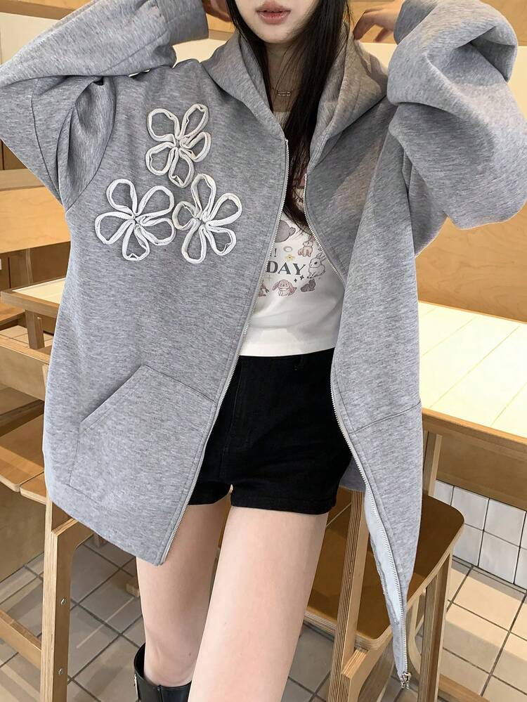 Women's Autumn/Winter Floral Decor Hooded Zip-Up Casual Sweatshirt Hoodies