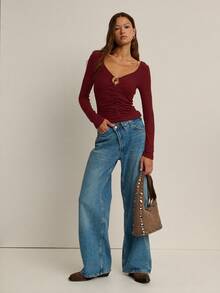 Nöista Women's Plum-Rib Ruched Keyhole Top,Burgundy Autumn Seksi Chic Night Out,Long Sleeve Flattering Layer For Teacher, Or Winter Date-Night Look - Red - View 7