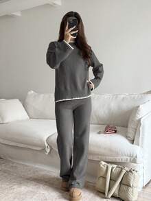 Flirla Women's Casual Everyday Commute Contrast Binding Dropped Shoulder Loose Knit Sweater And Knit Pants 2 Pieces Set, Autumn/Winter - Dark Grey - View 6
