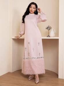 Veilorie Vestido elegante de estilo árabe para mujer con mangas de farol, decoración de flores de rhinestone y dobladillo esponjoso - Rosa - Ver 6
