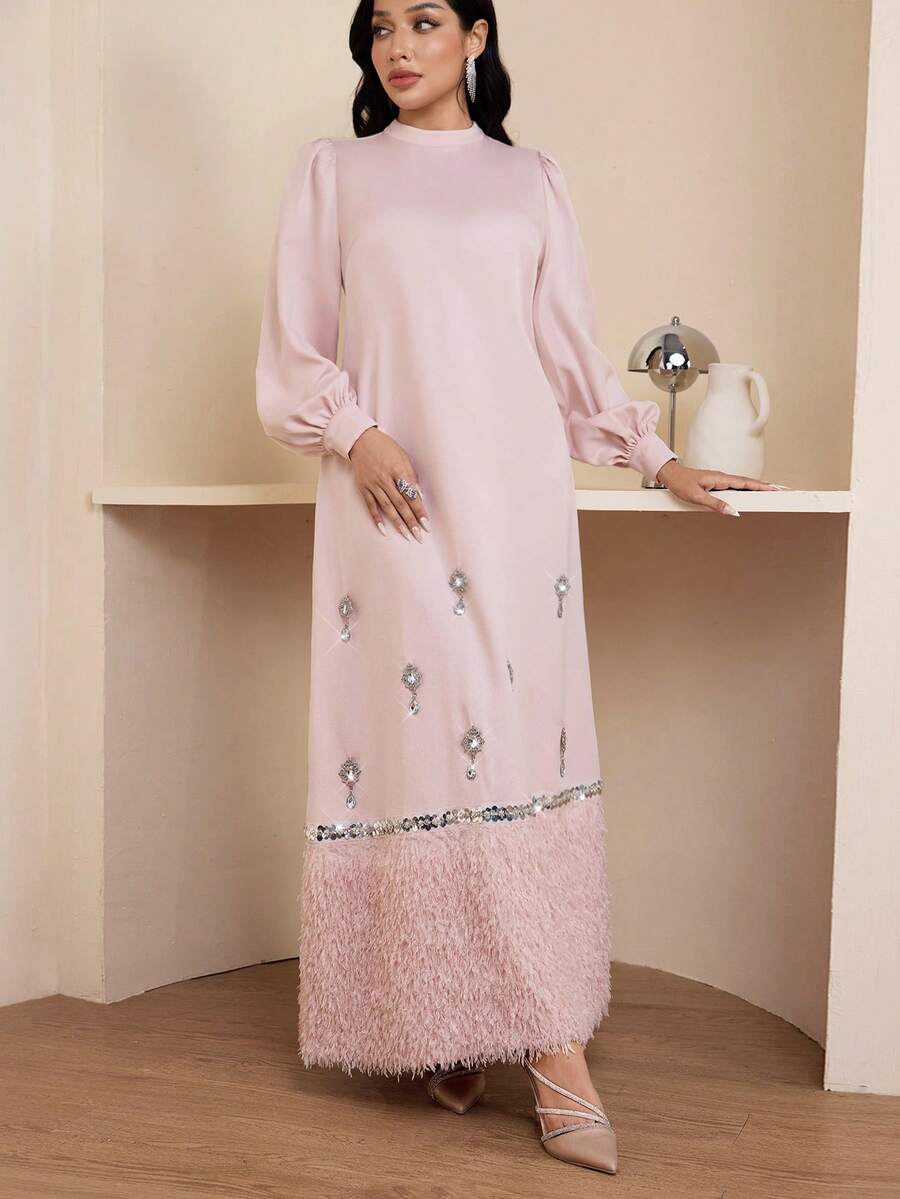 Veilorie Vestido elegante de estilo árabe para mujer con mangas de farol, decoración de flores de rhinestone y dobladillo esponjoso - Rosa - Ver 1