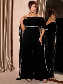 Allurite Christmas Plus Size Women Sheer Chiffon Off Shoulder Jumpsuit With Silver Ribbon Decor - Black - View 8