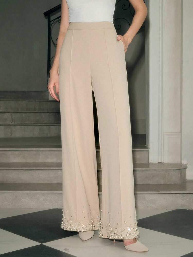 レディース カーキ エレガントなヴィンテージ装飾ストレートレッグパンツ、ルーズフィット、ワークウェア、カジュアルな集まり、新年、クリスマス、結婚式などに適しています、秋冬