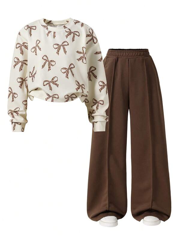 Conjunto de Moletom Cropped Solto com Gola Careca e Estampa Floral de Neve Lavada + Calça Pantalona, Casual Básico Versátil para Uso Diário, Escola, Esportes e Rua, Plus Size para Meninas