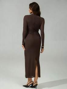 SHEIN Tall Damen Kaffeefarbe Langarm Lässig Kleid, geeignet für urbane Pendler, Geschäft, elegante Party, Halloween, Weihnachten - Braun - Übersicht 2