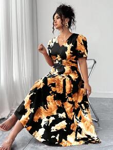 Elenzga Plus Size Elegant Princess Sleeve V-Neck Pleated Dress Cheetah Print Plus Size - Black - View 4