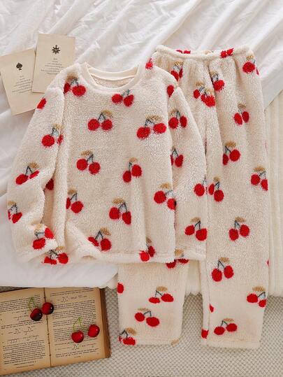 女孩舒适毛绒熊图案纯色睡衣套装，长裤和长袖上衣