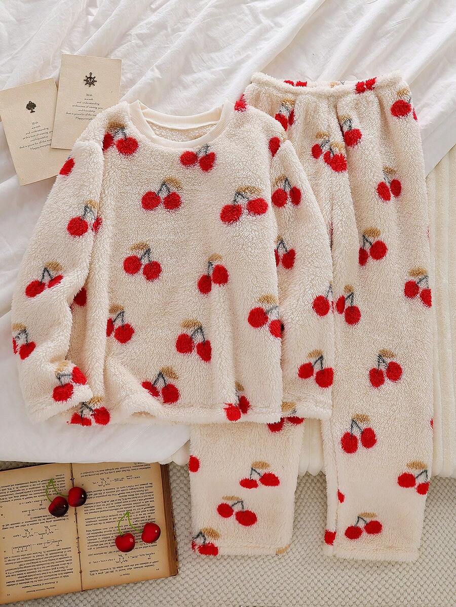 女孩舒适毛绒熊图案纯色睡衣套装，长裤和长袖上衣 - 彩色 - 查看 1