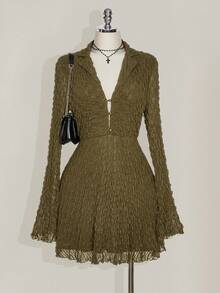 SHEIN ICON Plus Size Black Shirt Collar Bell Sleeve Knit Dress, Punk, Music Festival Outfit - Army Green - View 3