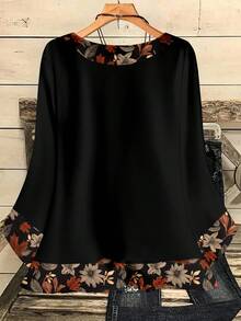 EMERY ROSE Camicia vintage con stampa a foglia d'acero e floreale, scollo tondo, maniche 3/4, adatta per l'autunno/inverno, taglie comode