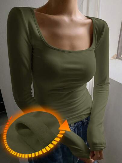 FRIFUL Women's Solid Color Square Neck Long Sleeve Casual Thermal Lined Fitted T-Shirt