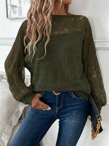 SHEIN Clasi 女士蕾丝边拼布套头衫 - 軍綠色 - 查看 6