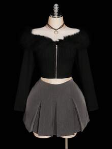 SHEIN ICON Chaqueta corta blanca con hombros descubiertos y ribete de peluche, ropa de mujer de otoño, atuendos de otoño de talla grande - Negro - Ver 9