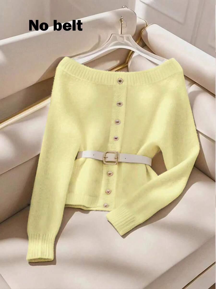 SHEIN LUNE 全新秋冬露肩独特性感奢华高端女式毛衣 - 淡黃色 - 查看 1