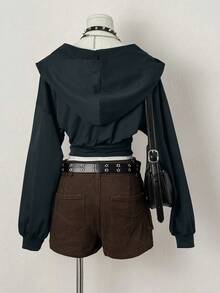 EgrlEra Áo nỉ dài tay có mũ trùm đầu thiết kế cổ chữ V, eo bó sát gợi cảm - Màu xanh hải quân - Xem 2