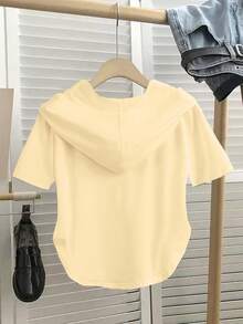 Chiquease Áo nỉ trùm đầu tay ngắn có dây rút bất đối xứng dành cho nữ, mùa xuân/hè - Màu be - Xem 2