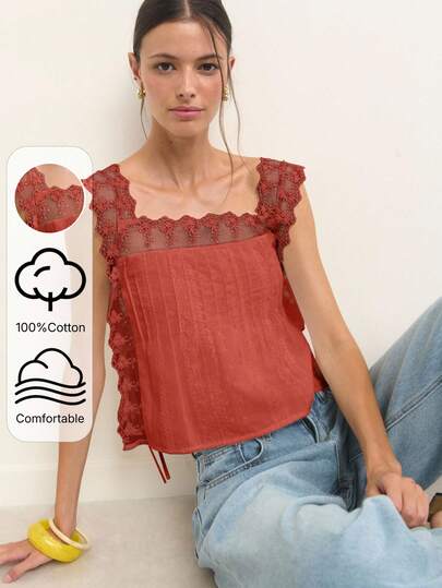 Nöista Top romántico de encaje con mangas de volantes de malla floral. Mezcla de algodón ligera perfecta para looks de verano, el festival de São João o atuendos casuales del 4 de julio. Una opción favorecedora para blusas de verano lindas.