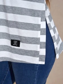 SHEIN LUNE Plus Size Women's Autumn/Winter Striped Print Loose Crew Neck Long Sleeve Casual Fashion T-Shirt With Side Slits Thanksgiving Outfit Holiday Outfit