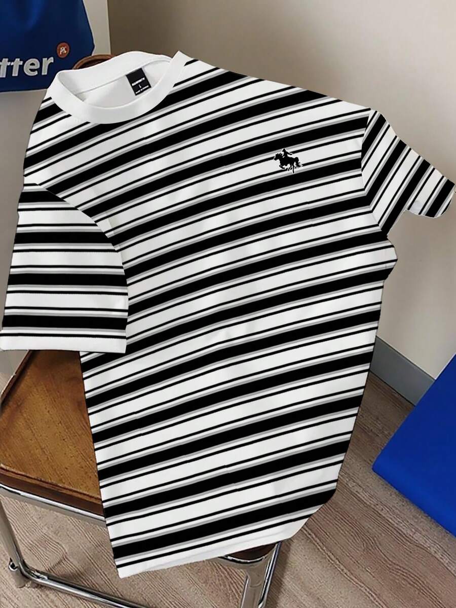 Manfinity Joysei Unisex Classic Black White Gray Striped Horse Print Casual T-Shirt, Fashionable Printed Tee Men Stripe T Shirt - Multicolor - View 1
