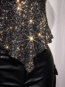 SHEIN ICON Áo hở lưng sequin chéo cỡ lớn, thích hợp cho tiệc tùng, hẹn hò, Y2K, Giáng sinh - Nhiều màu - Xem 6