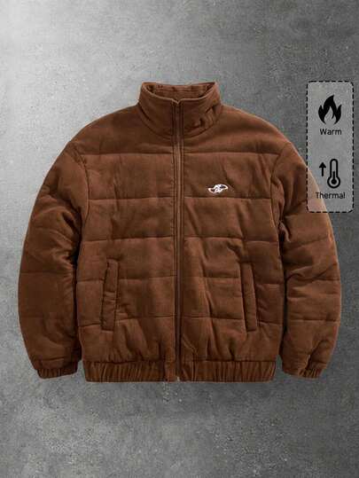 Street Life Men's Letter Embroidered Corduroy Zip-Up Casual Winter Jacket