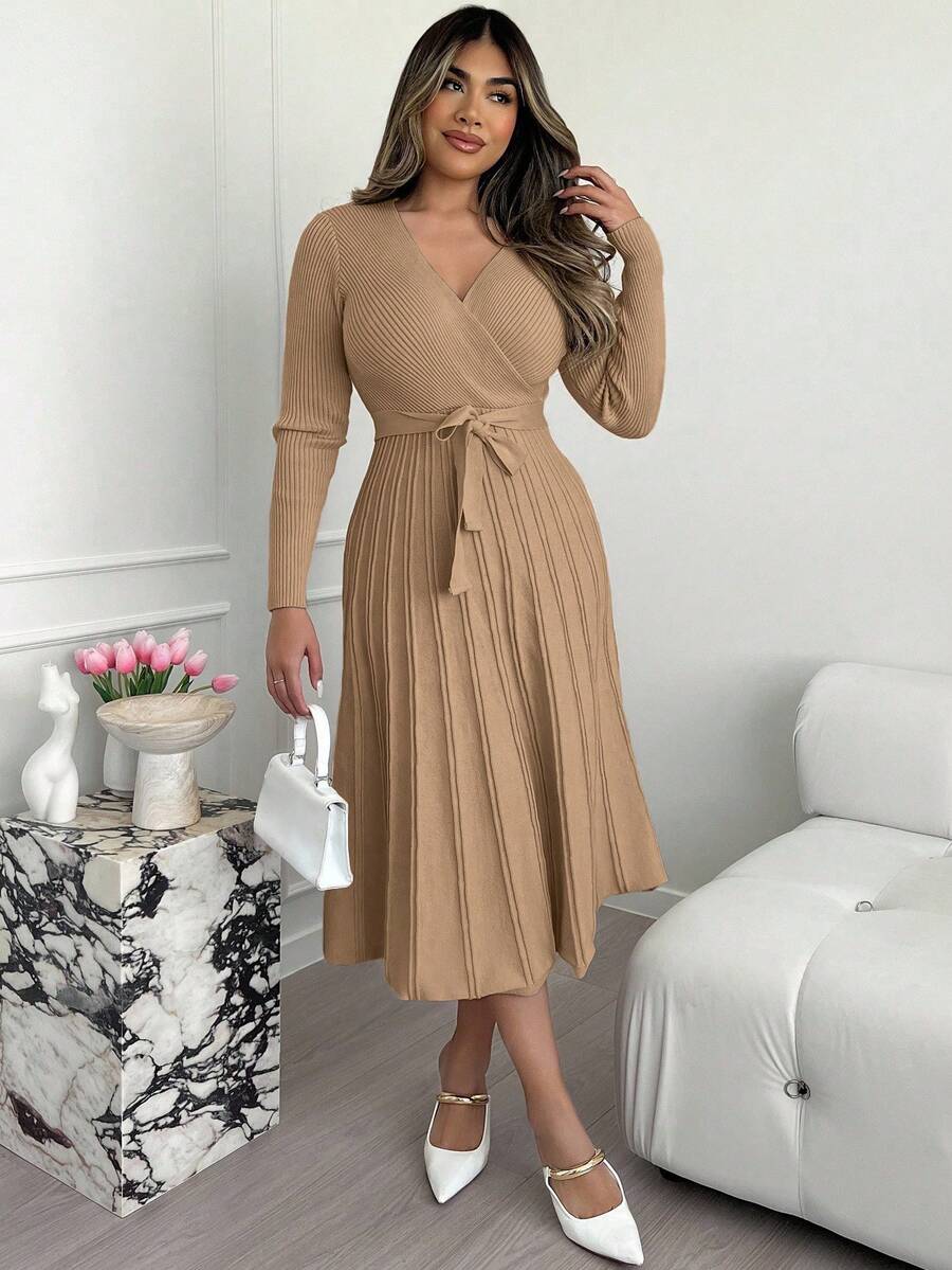 Xyvia Váy len dệt kim tay dài màu trơn cổ chữ V ôm sát thanh lịch dành cho nữ, mùa thu/đông - Màu Khaki - Xem 1