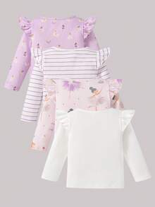 SHEIN Playful Pals 4pcs/Set Baby Girl Casual Daily All-Match Versatile Ballet Dancer Striped Top, Soft Comfortable Fabric, Great Value Multi-Piece Set - Purple - View 2
