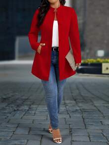 SHEIN PETITE CURVE 大码女式优雅立领带口袋大衣 - 紅色 - 查看 4
