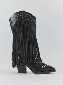 Solezae Botas occidentales de media pantorrilla con punta puntiaguda, tacón grueso, tachuelas y bordados para mujer - Negro - Ver 6