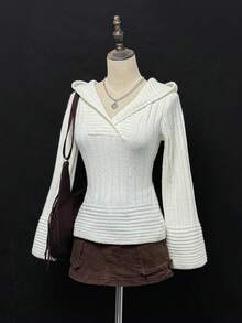 StreetHx Sudadera de manga larga ajustada con capucha de unicolor acanalada de estilo casual para mujer