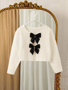 SHEIN Young Girl Bowknot Cardigan With Round Neck, Casual For Daily Wear, Autumn/Winter,Long Sleeve Tops, Elegant & Cute, High Quality, Warm & Soft, Versatile For Play, Daily Wear, School, Autumn & Winter,Back To School Season.College Style