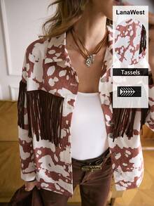 SHEIN LUNE LanaWest Women's Western Casual Denim Jacket With Cowboy Print And Fringe - Brown - View 8