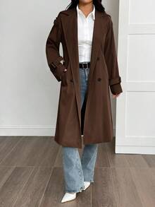 SHEIN PETITE Women's Solid Color Minimalist Casual Long Sleeve Trench Coat,Women's Winter Clothes - Brown - View 8
