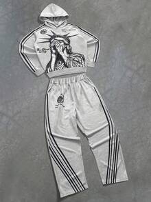 SHEIN Conjunto de 2 peças de moletom com capuz estampado e calça de moletom reta para meninos e meninas, casual e confortável para o dia a dia, em malha, 2 peças - Cinza - Ver 1