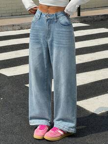 SHEIN PETITE Quần jeans ống đứng dáng rộng màu xanh cổ điển dành cho nữ có đai thắt lưng - Rửa nhẹ - Xem 5