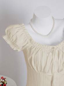 SHEIN Unity 女式夏季纯色荷叶边下摆系带腰短袖衬衫 - 杏色 - 查看 4