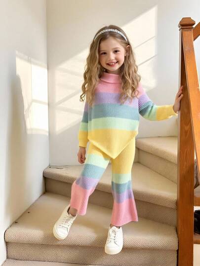 Bộ 2 áo len cổ lọ họa tiết hoa vàng dễ thương cho bé gái + quần len ống rộng, mềm mại và thoải mái, thích hợp mặc hàng ngày, đi chơi, du lịch, nghỉ mát, ở nhà, nhà trẻ, vui chơi cho trẻ em, mùa thu/đông, giáng sinh, trở lại trường, tiệc tùng, phối đồ