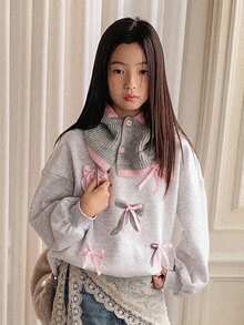 DAZY Sudadera de felpa de cuello redondo con lazo y diseño estampado para niñas preadolescentes, otoño - Gris - Ver 7