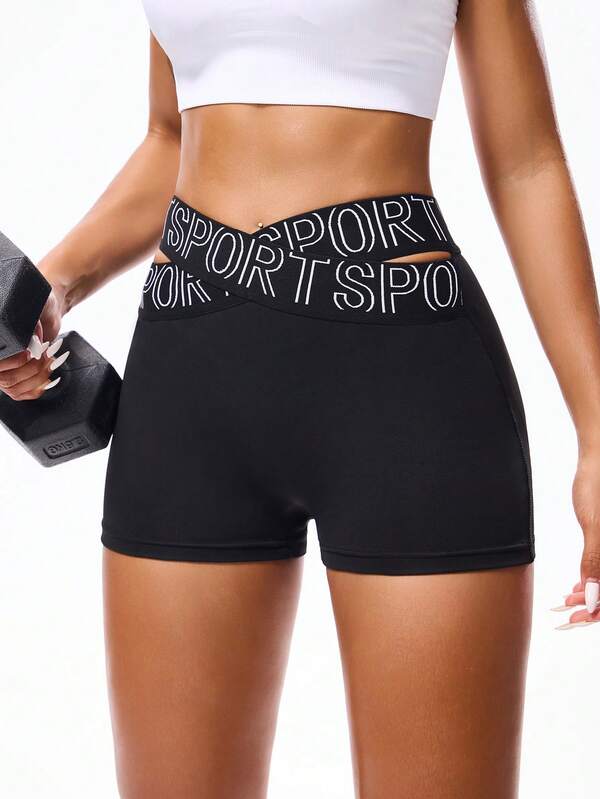 Dewbera Damskie spodenki sportowe z wycięciami w pasie i paskiem z literami, casualowe i fitnessowe