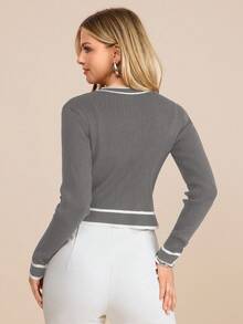Amorya Women's Grey Rib Knit Crop Cardigan With Round Neck And Long Sleeves Elegant Button Detail - Grey - View 2