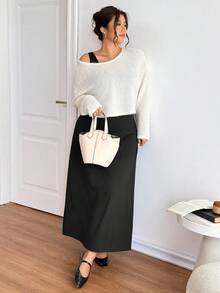 Lounesse Conjunto De 2 Peças Plus Size Feminino, Cardigan Casual E Vestido Preto, Blusa De Manga Comprida Com Design De Malha Semitransparente - Amarelo - Ver 3