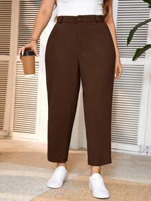 SHEIN Frenchy 秋冬加大码棕色纽扣正式优雅西装裤 - 棕色 - 查看 2