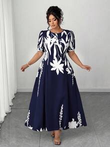 Elenzga Plus Size Women Elegant A-Line Waist Cinched Midi Dress, Flattering For Everyday & Commute - Navy Blue - View 7