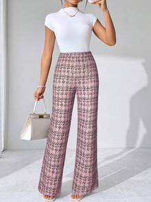 SHEIN Tall CURVE 大码夏季优雅女式格子印花弹力针织裤，适合各种场合，适合夏季度假、优雅旅行和日常通勤 - 粉色 - 查看 6