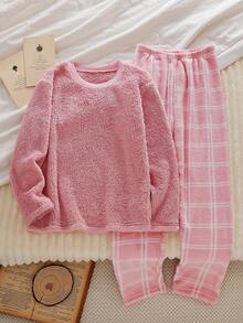 少女格子图案长裤长袖舒适毛绒睡衣，秋冬季 - 粉色 - 查看 1