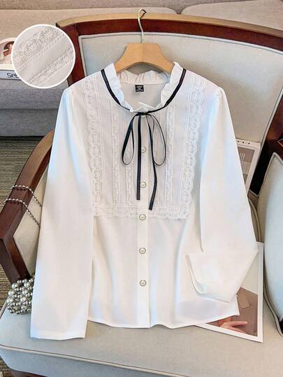 Regalyn Women's Plus Size Sweet Textured Neckline Ruffle Chest Lace Shirt Going Out Tops Romantic