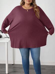 SHEIN CURVE+ Camiseta Casual Solta de Manga Longa com Decote Redondo e Ombros Caídos, Cor Sólida, Plus Size Feminino, Outono/Inverno - Vinho - Visão 5