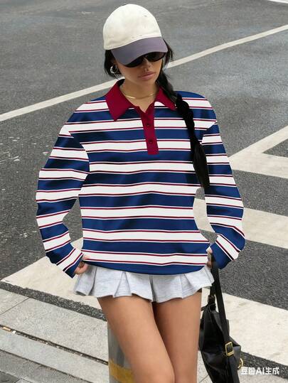 Muchica Camiseta de manga larga con cuello polo de estilo minimalista casual para mujer, adecuada para otoño/invierno, con estampado de rayas azul marino